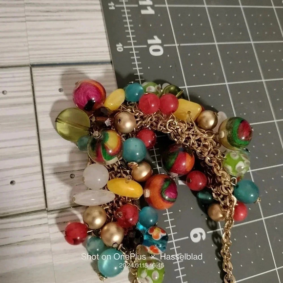Colorful Multiple Glass Bead Ball Gold Tone Statement Fashion Necklace Cluster - Picture 9 of 9